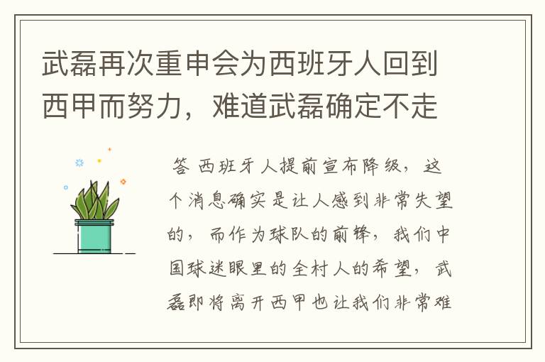 武磊再次重申会为西班牙人回到西甲而努力,难道武磊确定不走了?