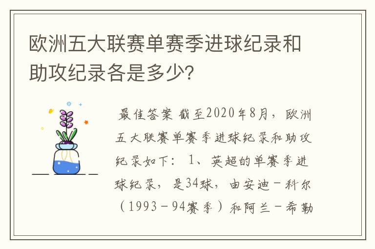 欧洲五大联赛单赛季进球纪录和助攻纪录各是多少?