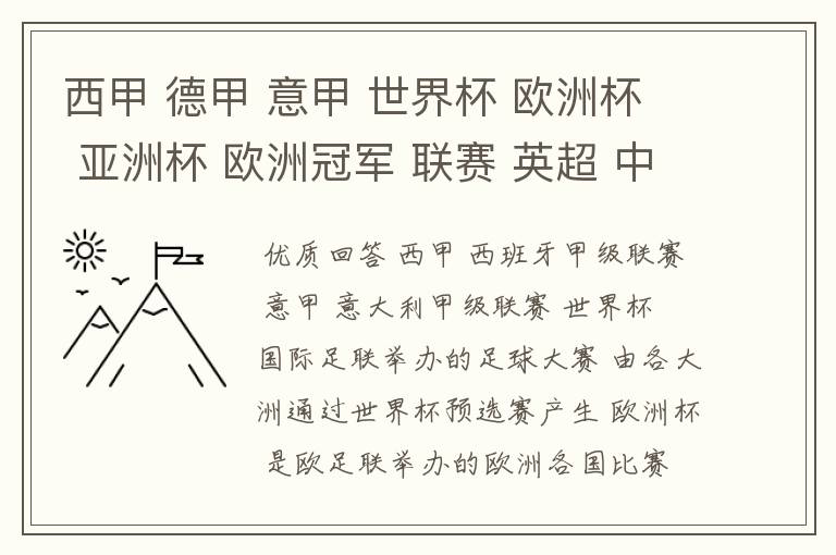 西甲 德甲 意甲 世界杯 欧洲杯 亚洲杯 欧洲冠军 联赛 英超 中超 分别是什么意思啊?
