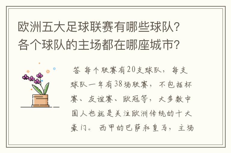 欧洲五大足球联赛有哪些球队?各个球队的主场都在哪座城市?