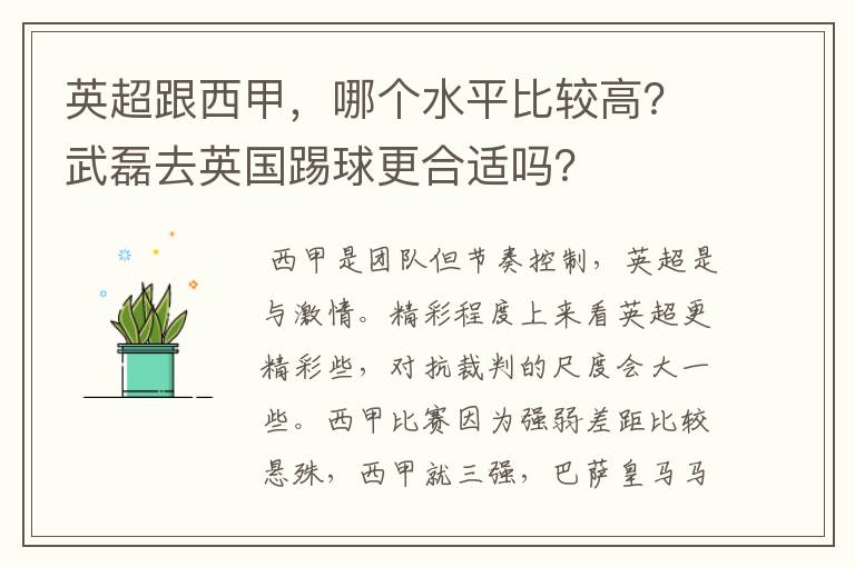英超跟西甲,哪个水平比较高?武磊去英国踢球更合适吗?