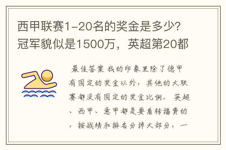 西甲联赛1-20名的奖金是多少?冠军貌似是1500万,英超第20都是4000万呀!
