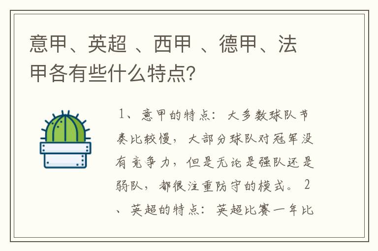 意甲、英超 、西甲 、德甲、法甲各有些什么特点?