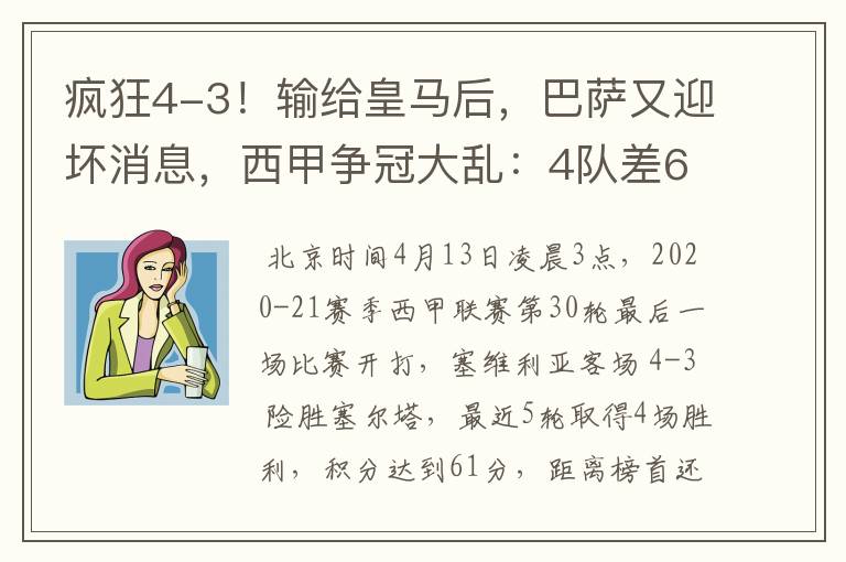 疯狂4-3!输给皇马后,巴萨又迎坏消息,西甲争冠大乱:4队差6分