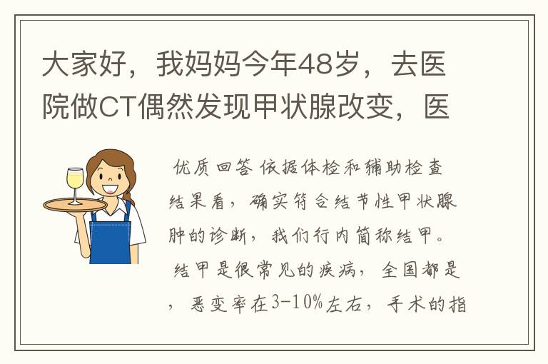 大家好,我妈妈今年48岁,去医院做CT偶然发现甲状腺改变,医生建议进一步检查,随后挂号内分泌科,医生要