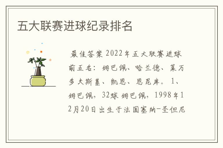 五大联赛进球纪录排名