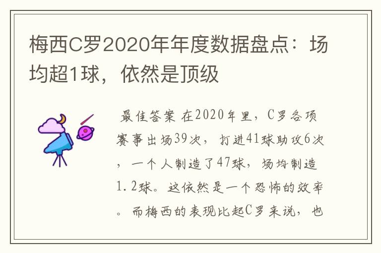 梅西C罗2020年年度数据盘点:场均超1球,依然是顶级