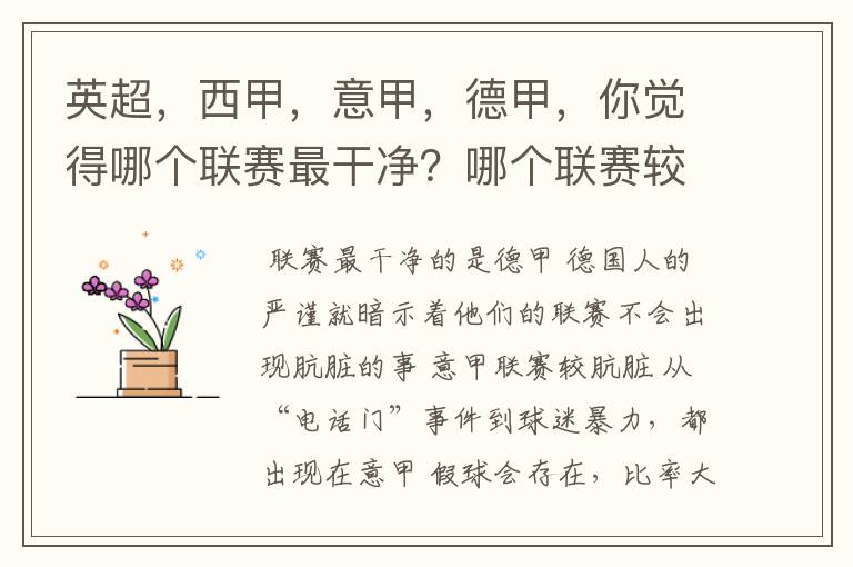 英超,西甲,意甲,德甲,你觉得哪个联赛最干净?哪个联赛较肮脏?假球存在吗?比率大概多少?
