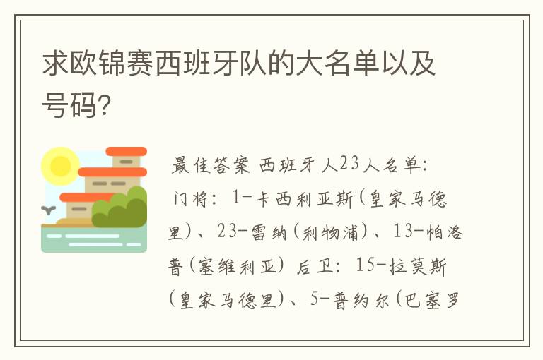 求欧锦赛西班牙队的大名单以及号码?