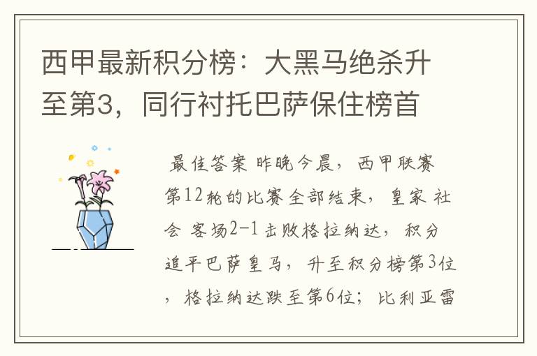 西甲最新积分榜:大黑马绝杀升至第3,同行衬托巴萨保住榜首
