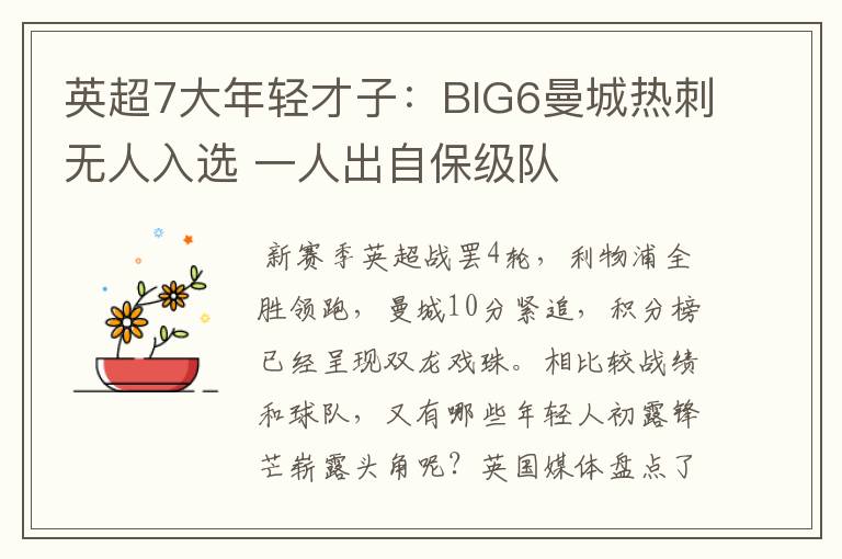 英超7大年轻才子:BIG6曼城热刺无人入选 一人出自保级队