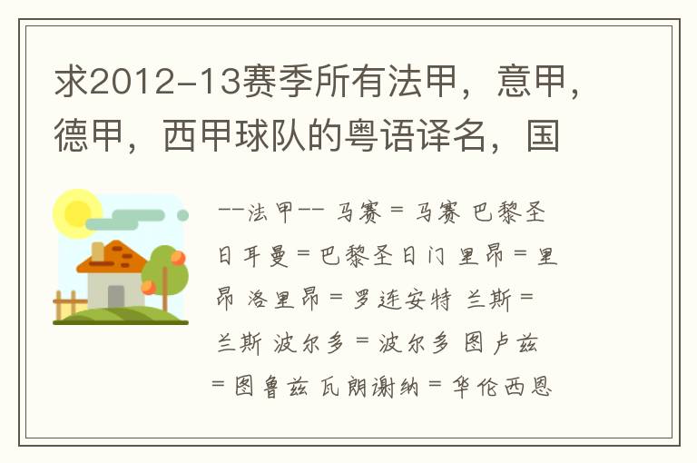 求2012-13赛季所有法甲,意甲,德甲,西甲球队的粤语译名,国粤对照。