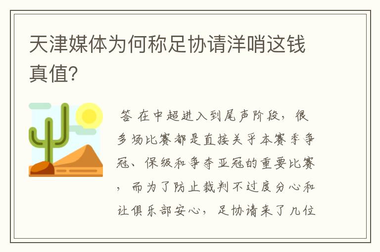 天津媒体为何称足协请洋哨这钱真值？