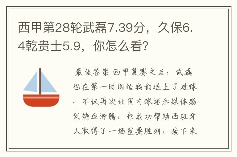 西甲第28轮武磊7.39分,久保6.4乾贵士5.9,你怎么看?