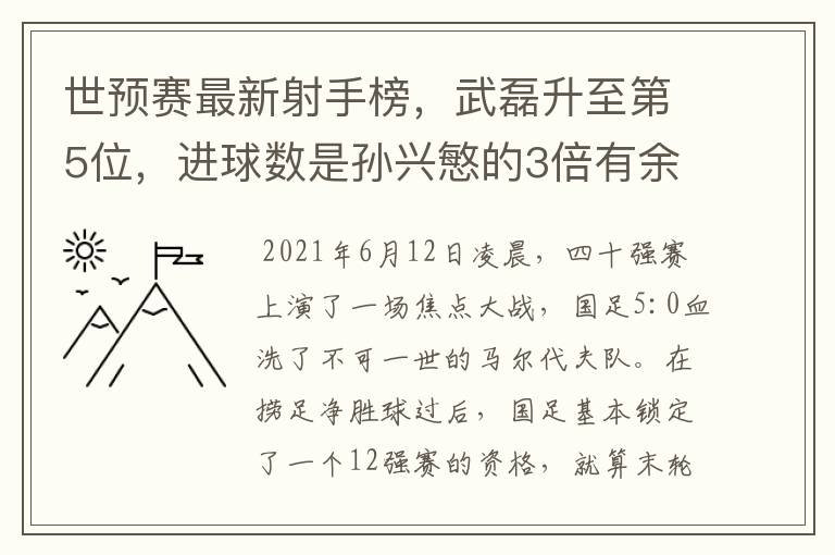 世预赛最新射手榜,武磊升至第5位,进球数是孙兴慜的3倍有余