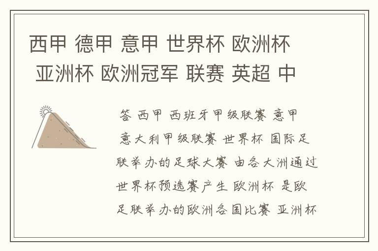 西甲 德甲 意甲 世界杯 欧洲杯 亚洲杯 欧洲冠军 联赛 英超 中超 分别是什么意思啊?
