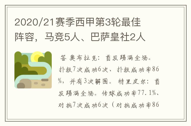2020/21赛季西甲第3轮最佳阵容,马竞5人、巴萨皇社2人