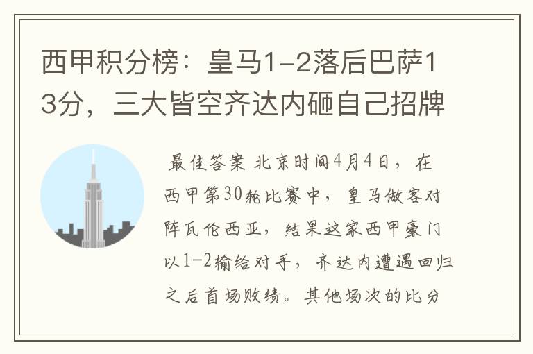 西甲积分榜:皇马1-2落后巴萨13分,三大皆空齐达内砸自己招牌?