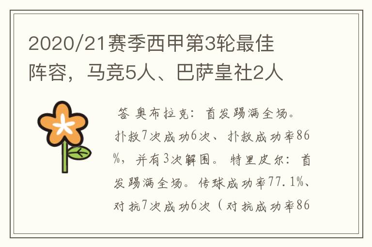 2020/21赛季西甲第3轮最佳阵容,马竞5人、巴萨皇社2人