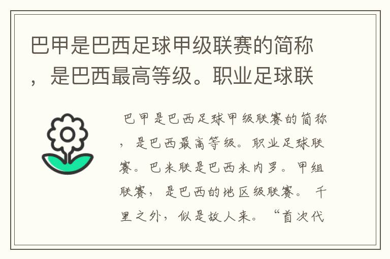 巴甲是巴西足球甲级联赛的简称,是巴西最高等级。职业足球联赛。巴米联是巴西米内罗。甲组联赛。
