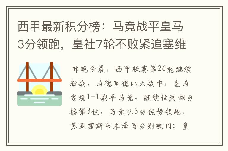 西甲最新积分榜:马竞战平皇马3分领跑,皇社7轮不败紧追塞维