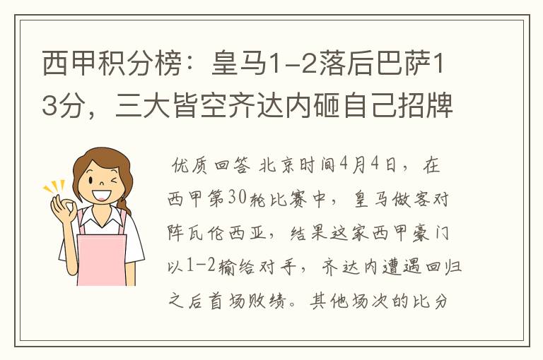 西甲积分榜:皇马1-2落后巴萨13分,三大皆空齐达内砸自己招牌?