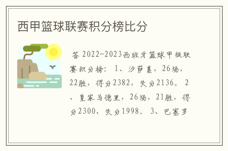 西甲篮球联赛积分榜比分