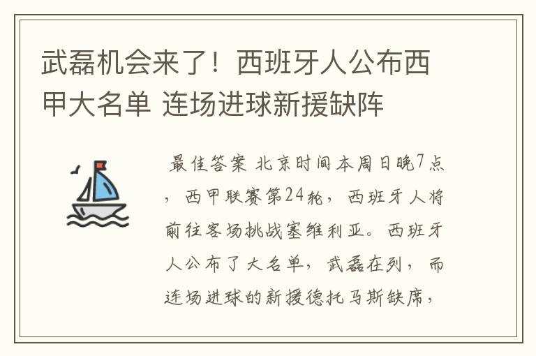 武磊机会来了!西班牙人公布西甲大名单 连场进球新援缺阵