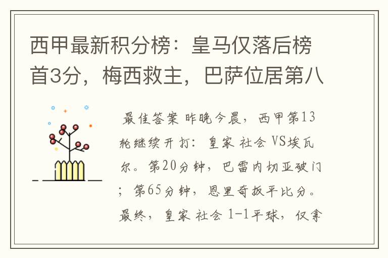 西甲最新积分榜:皇马仅落后榜首3分,梅西救主,巴萨位居第八