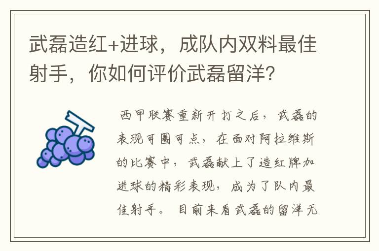 武磊造红+进球,成队内双料最佳射手,你如何评价武磊留洋?