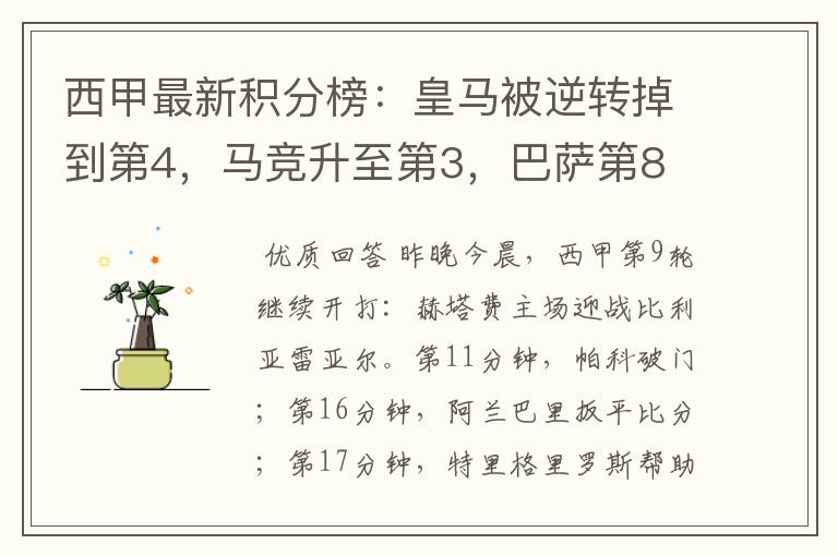 西甲最新积分榜:皇马被逆转掉到第4,马竞升至第3,巴萨第8