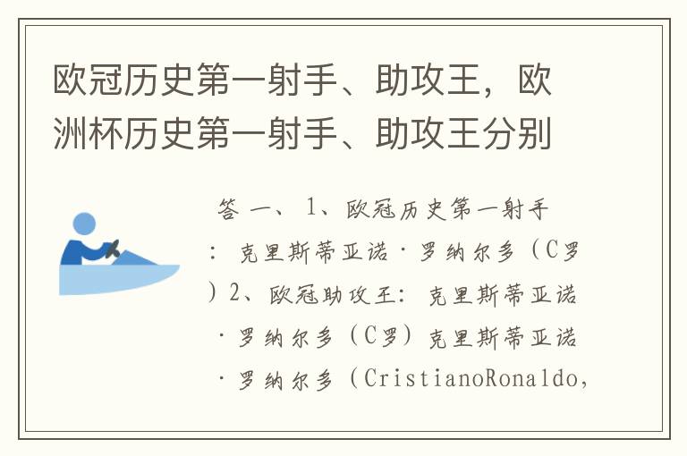 欧冠历史第一射手、助攻王,欧洲杯历史第一射手、助攻王分别是谁?
