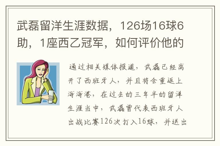 武磊留洋生涯数据,126场16球6助,1座西乙冠军,如何评价他的表现?