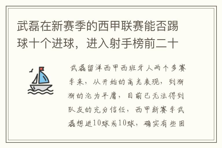 武磊在新赛季的西甲联赛能否踢球十个进球,进入射手榜前二十?