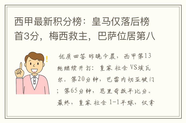 西甲最新积分榜:皇马仅落后榜首3分,梅西救主,巴萨位居第八