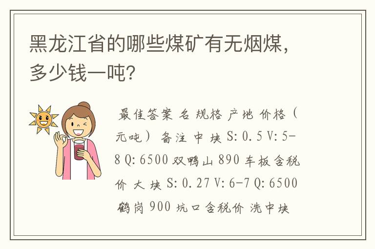 黑龙江省的哪些煤矿有无烟煤，多少钱一吨？
