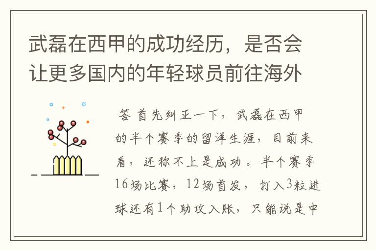 武磊在西甲的成功经历,是否会让更多国内的年轻球员前往海外踢球呢?