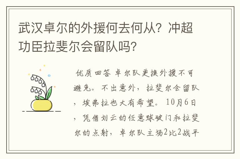 武汉卓尔的外援何去何从?冲超功臣拉斐尔会留队吗?
