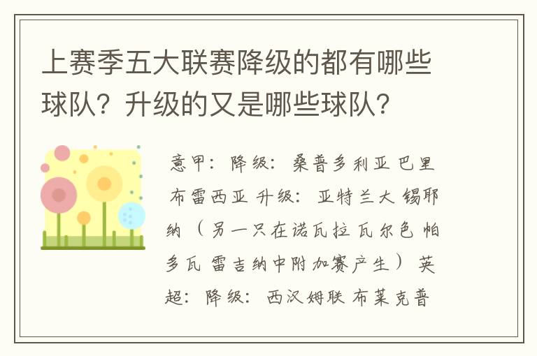 上赛季五大联赛降级的都有哪些球队?升级的又是哪些球队?