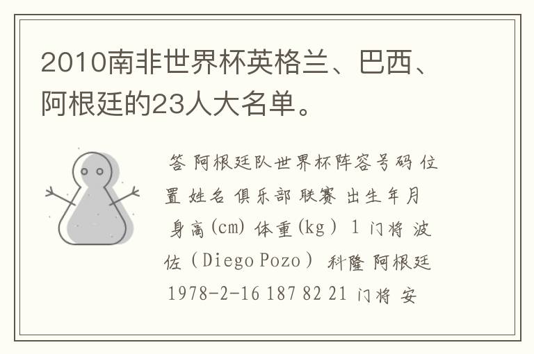 2010南非世界杯英格兰、巴西、阿根廷的23人大名单。