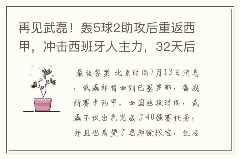 再见武磊!轰5球2助攻后重返西甲,冲击西班牙人主力,32天后首秀