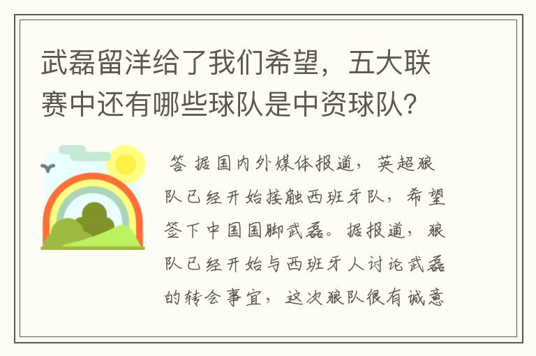 武磊留洋给了我们希望,五大联赛中还有哪些球队是中资球队?