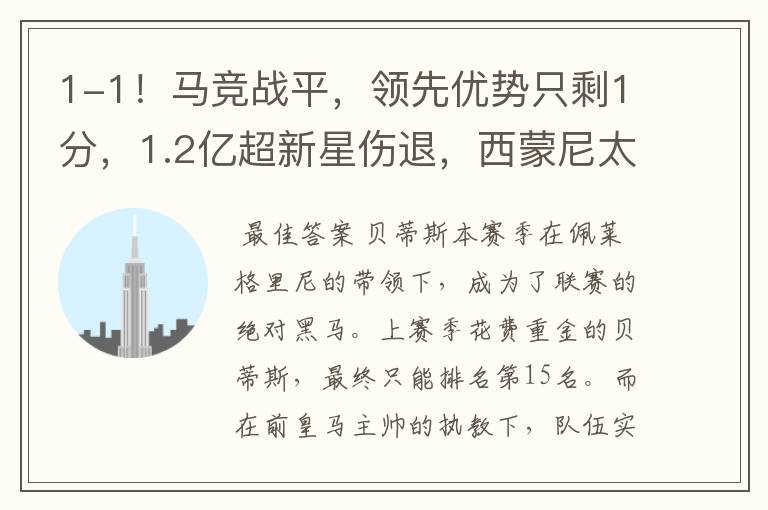 1-1!马竞战平,领先优势只剩1分,1.2亿超新星伤退,西蒙尼太难