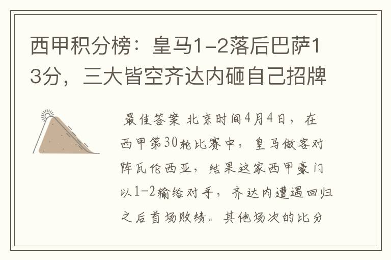 西甲积分榜:皇马1-2落后巴萨13分,三大皆空齐达内砸自己招牌?