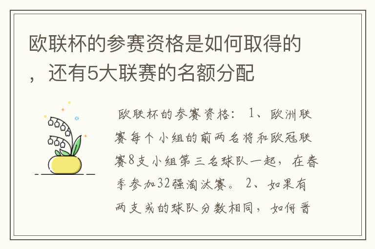 欧联杯的参赛资格是如何取得的，还有5大联赛的名额分配