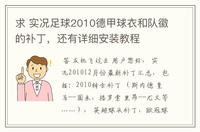 求 实况足球2010德甲球衣和队徽的补丁,还有详细安装教程