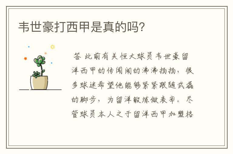 韦世豪打西甲是真的吗？