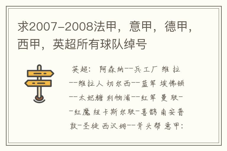 求2007-2008法甲,意甲,德甲,西甲,英超所有球队绰号