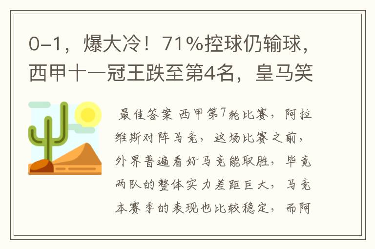 0-1,爆大冷!71%控球仍输球,西甲十一冠王跌至第4名,皇马笑了