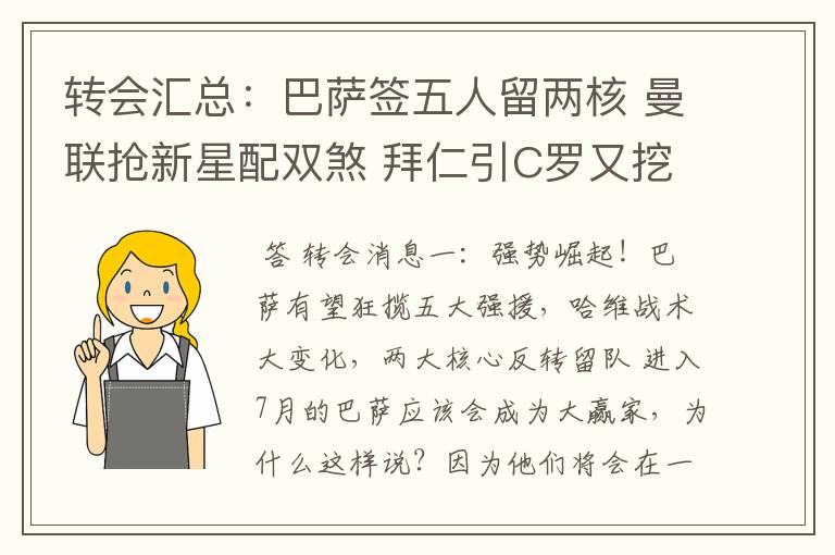 转会汇总:巴萨签五人留两核 曼联抢新星配双煞 拜仁引C罗又挖死敌